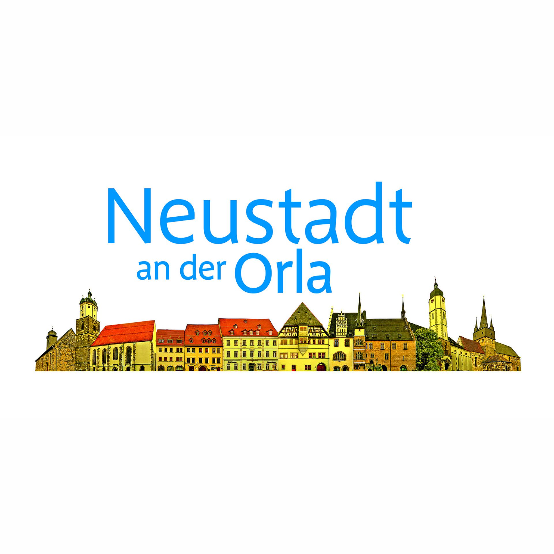 Ein schriftzug „neustadt an der orla“ in blauer schrift steht über einer stilisierten silhouette einer historischen stadt mit bunten gebäuden und kirchtürmen. Die darstellung wirkt wie ein logo oder banner der stadt.